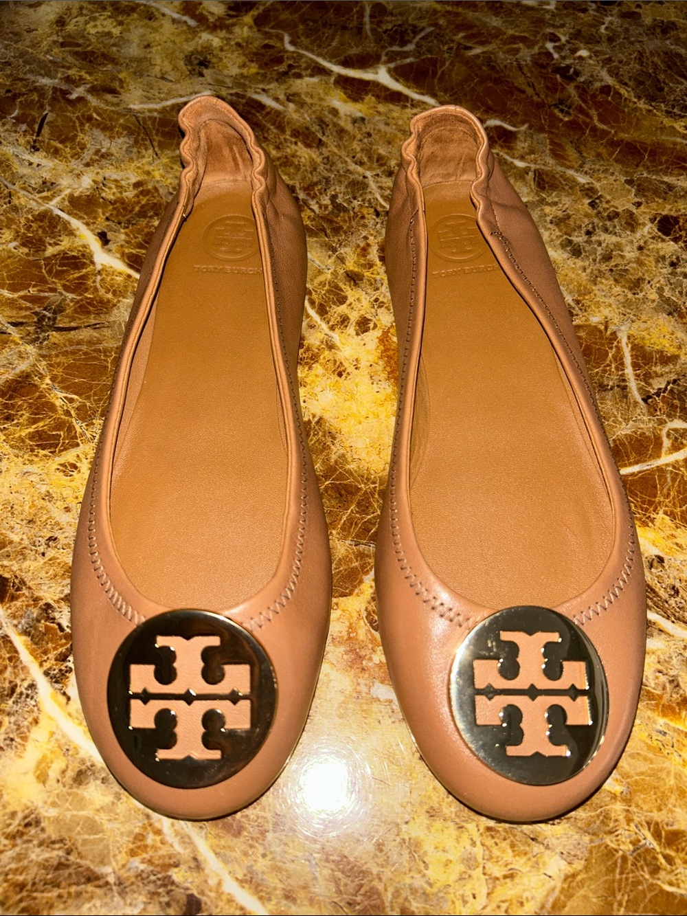 Tory Burch Camel Leather Logo Ballet Flats